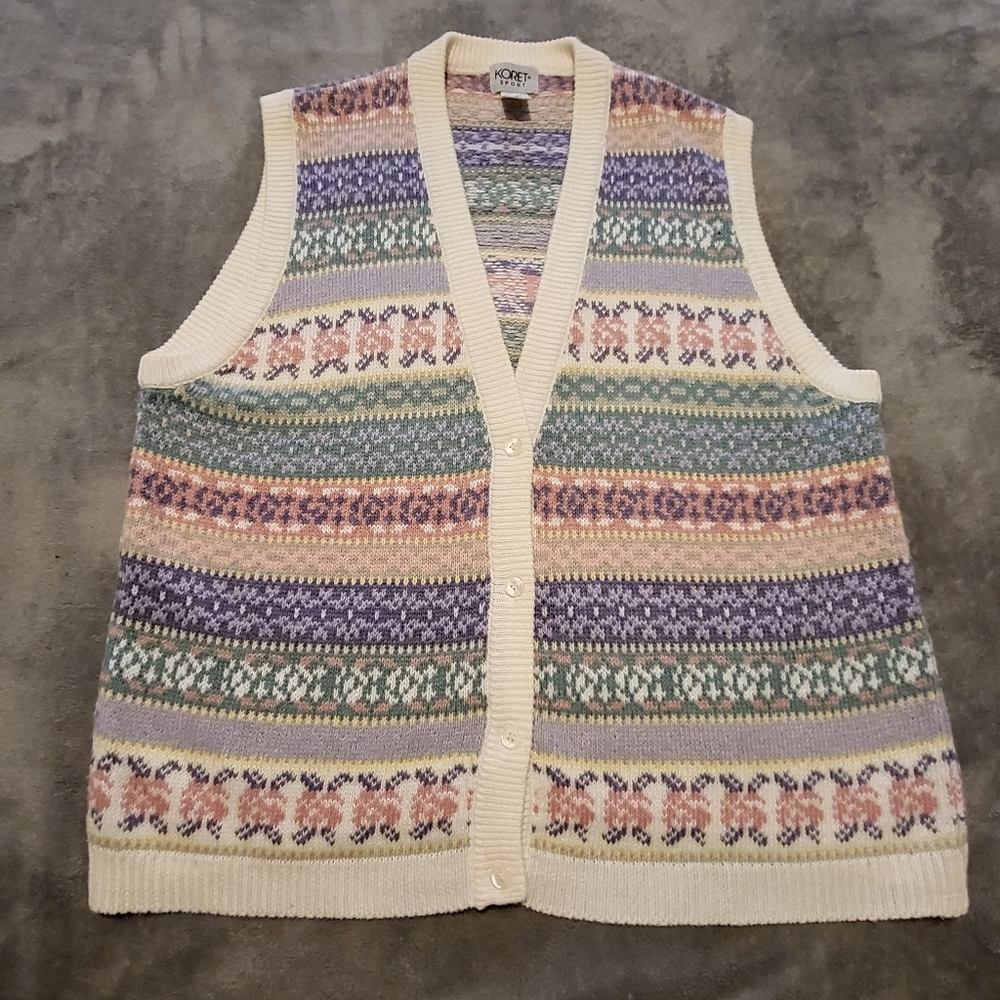 Vintage fair isle sweater vest pastels grandma buttons XL